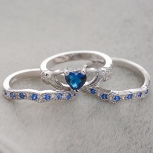 3pc Silver Sapphire Claddagh Ring Set Sz 8